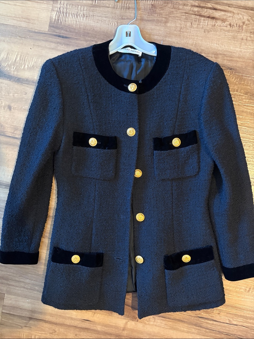 Vintage Albert Nipon Black Bouclé Blazer with Gold Buttons